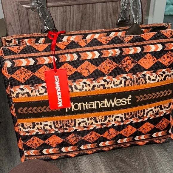Montana West Vibrant Orange and Brown Tote - Picture 1 of 11